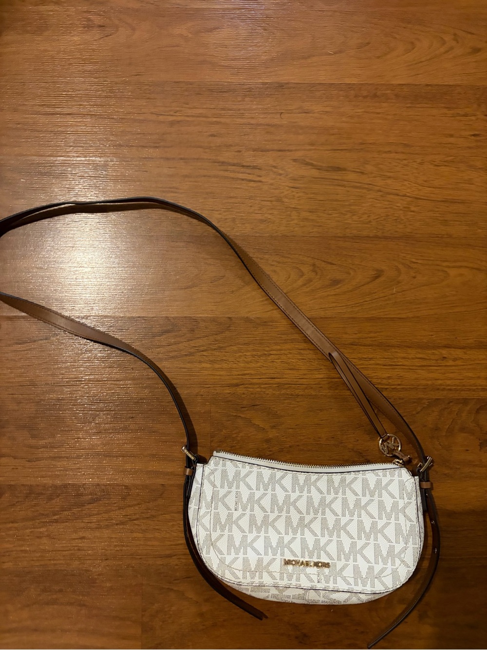 Michael Kors Cream & Brown Signature Crescent Crossbody